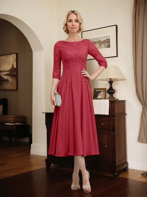 A-line Scoop Illusion Tea-Length Chiffon Lace Mother of the Bride Dress With Beading Sequins