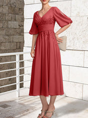 A-line V-Neck Tea-Length Lace Chiffon Mother of the Bride Dress With Pleated