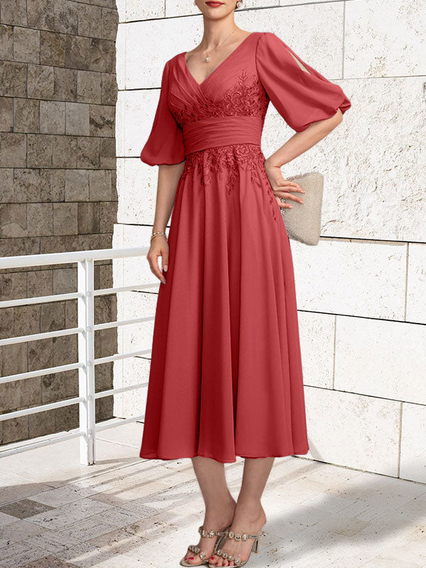 A-line V-Neck Tea-Length Lace Chiffon Mother of the Bride Dress With Pleated
