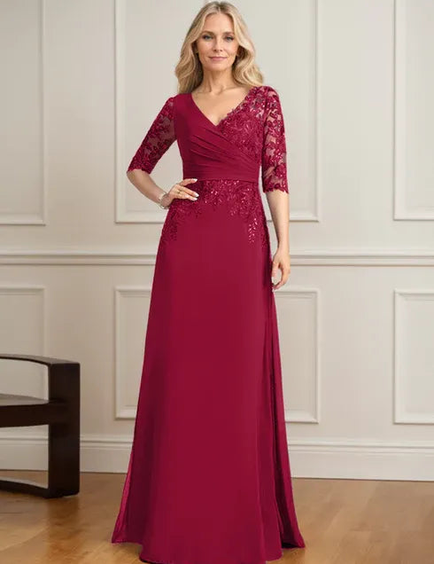 Robe de mère de la mariée trapèze, col en V, longueur au sol, en mousseline de soie et dentelle, avec sequins plissés 