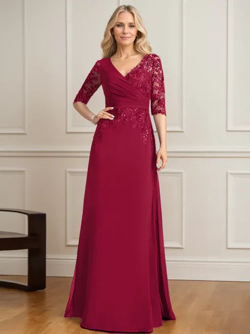 Robe de mère de la mariée trapèze, col en V, longueur au sol, en mousseline de soie et dentelle, avec sequins plissés 