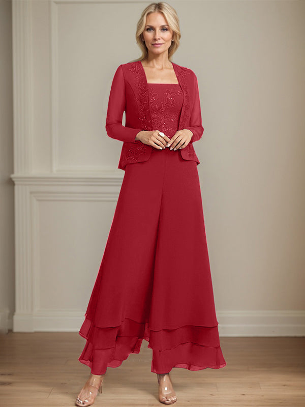 Robe de mère de la mariée en mousseline de soie, longueur cheville, avec sequins, combinaison/tailleur carré 