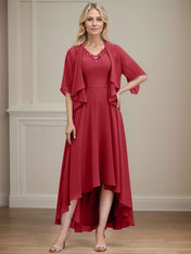 A-line V-Neck Asymmetrical Chiffon Mother of the Bride Dress With Beading Sequins