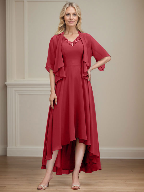 A-line V-Neck Asymmetrical Chiffon Mother of the Bride Dress With Beading Sequins