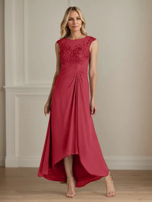 Champagne A-Line Scoop Lace Chiffon Dress