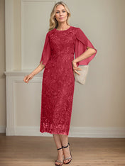 Sheath/Column Scoop Tea-Length Lace Chiffon Mother of the Bride Dress