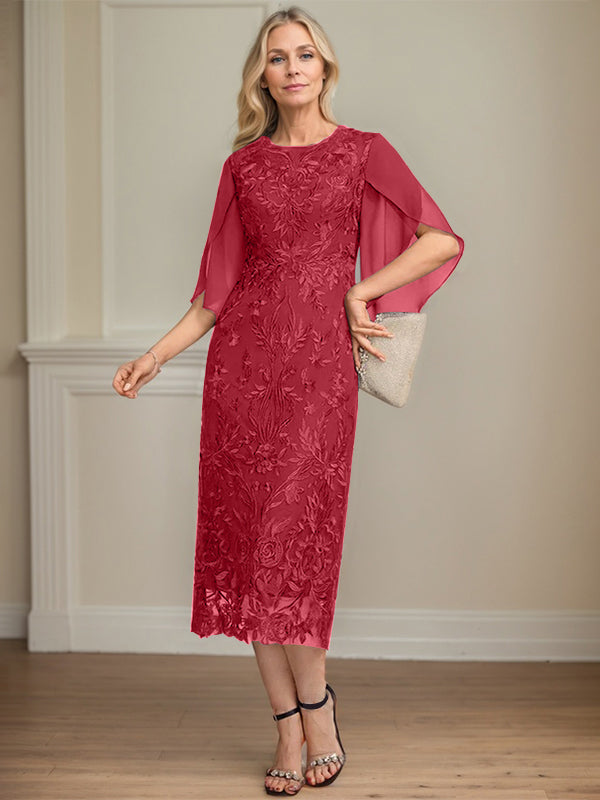 Column Scoop Tea-Length Lace Chiffon Mother of the Bride Dress
