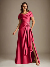 A-Line Scoop Floor-Length Stretch Satin Mother of the Bride Dress With Cascading Ruffles