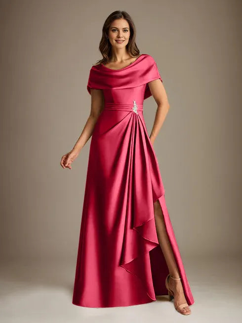 A-Line Scoop Floor-Length Stretch Satin Mother of the Bride Dress With Cascading Ruffles