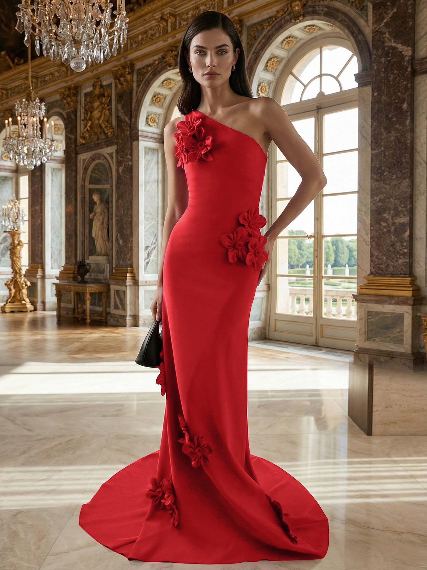 A Line One Shoulder Sleeveless Floor Length Stretch Crepe Dress With 3D Flowers