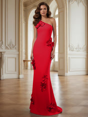 Cream One-Shoulder Prom Dress with Sculptural 3D Floral Appliqués