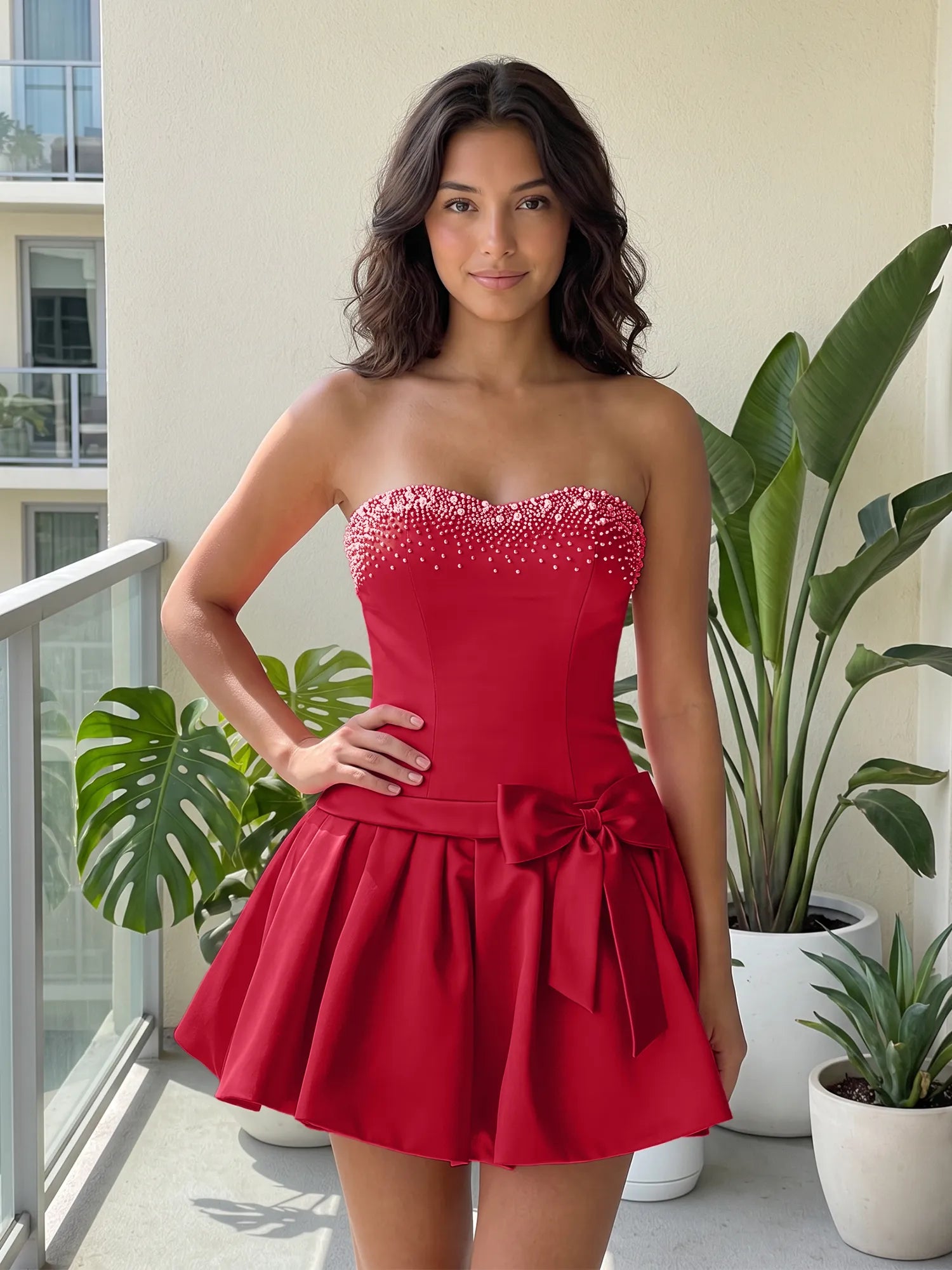 Fuchsia Pearl Corset Short Homecoming Dresses Large Waist Bow Lace Up Back