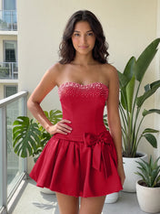 Fuchsia Pearl Corset Short Homecoming Dresses Large Waist Bow Lace Up Back