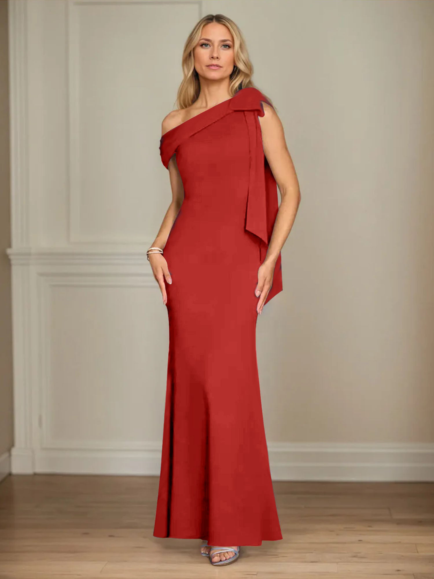 Mermaid One Shoulder Sleeveless Stretch Crepe Mother of the Bride Dress With Bow