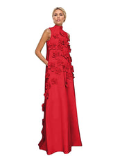 A Line High Neck Sleeveless Floor Length Stretch Crepe Dress With 3D Flowers