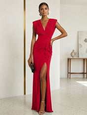 Commanding Formal Evening Dress Emerald Green Plunging V-Neck Slit Gown