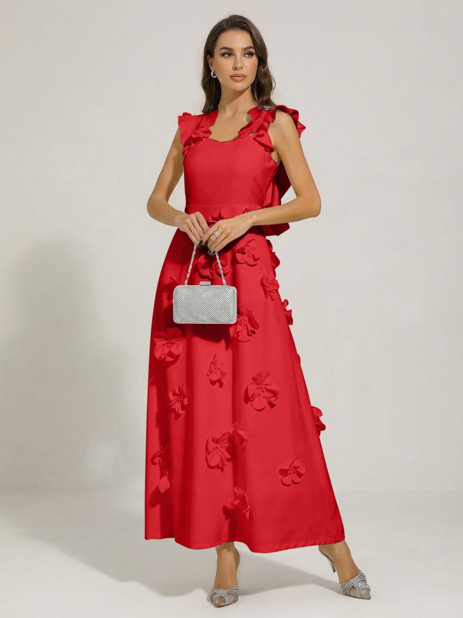 Chic White 3D Flowers A-Line Floor Length Stretch Crepe Dress with Pockets Maxi Dress