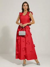 Chic White 3D Flowers A-Line Floor Length Stretch Crepe Dress with Pockets Maxi Dress