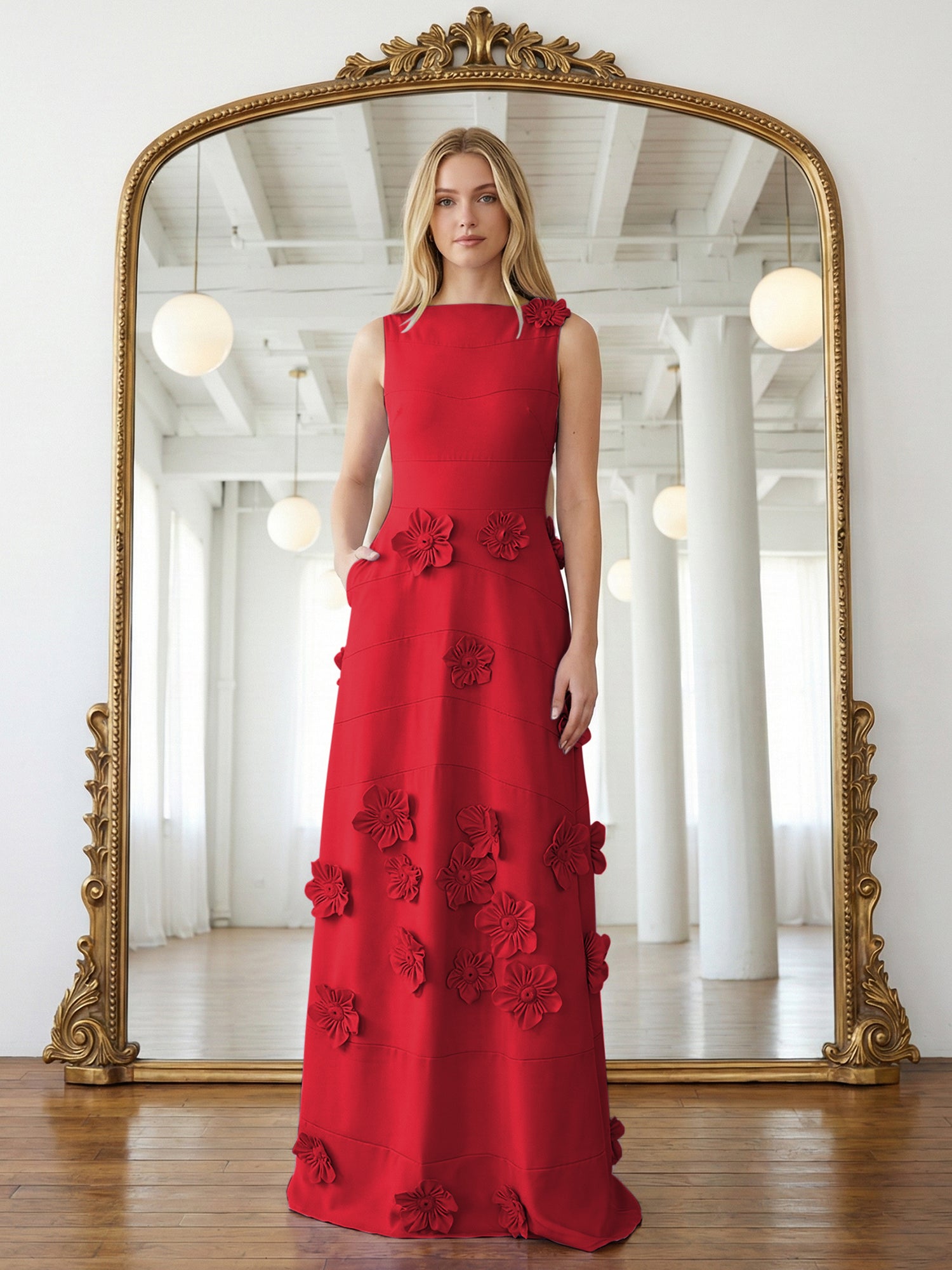 Lavender Boat Neck Formal Gown with Cascading 3D Flowers