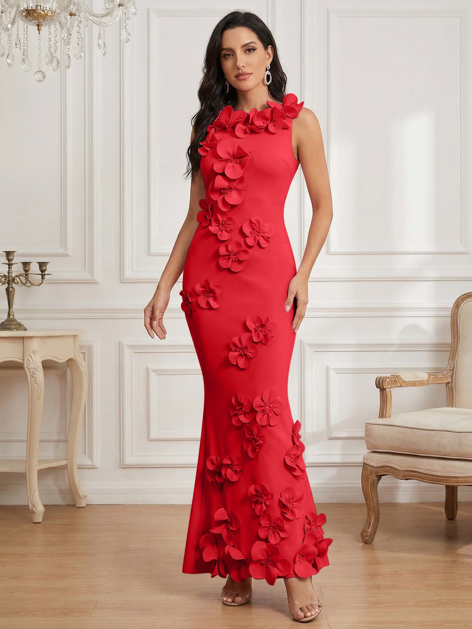 Romantic Pink Sleeveless 3D Floral Mermaid Gown