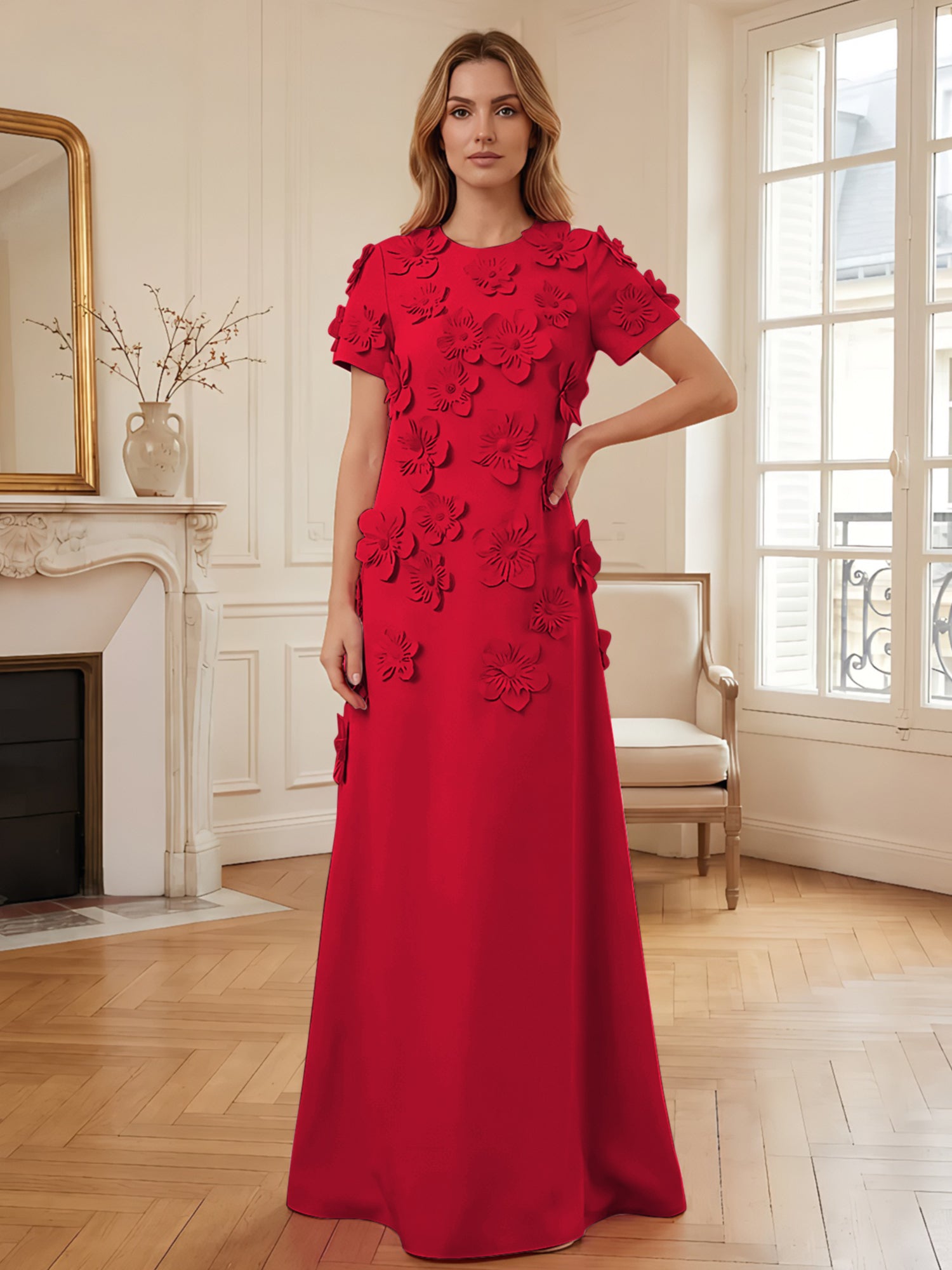 Short Sleeve Crew Neck A-Line Gown with 3D Floral Appliques Evening Dresses