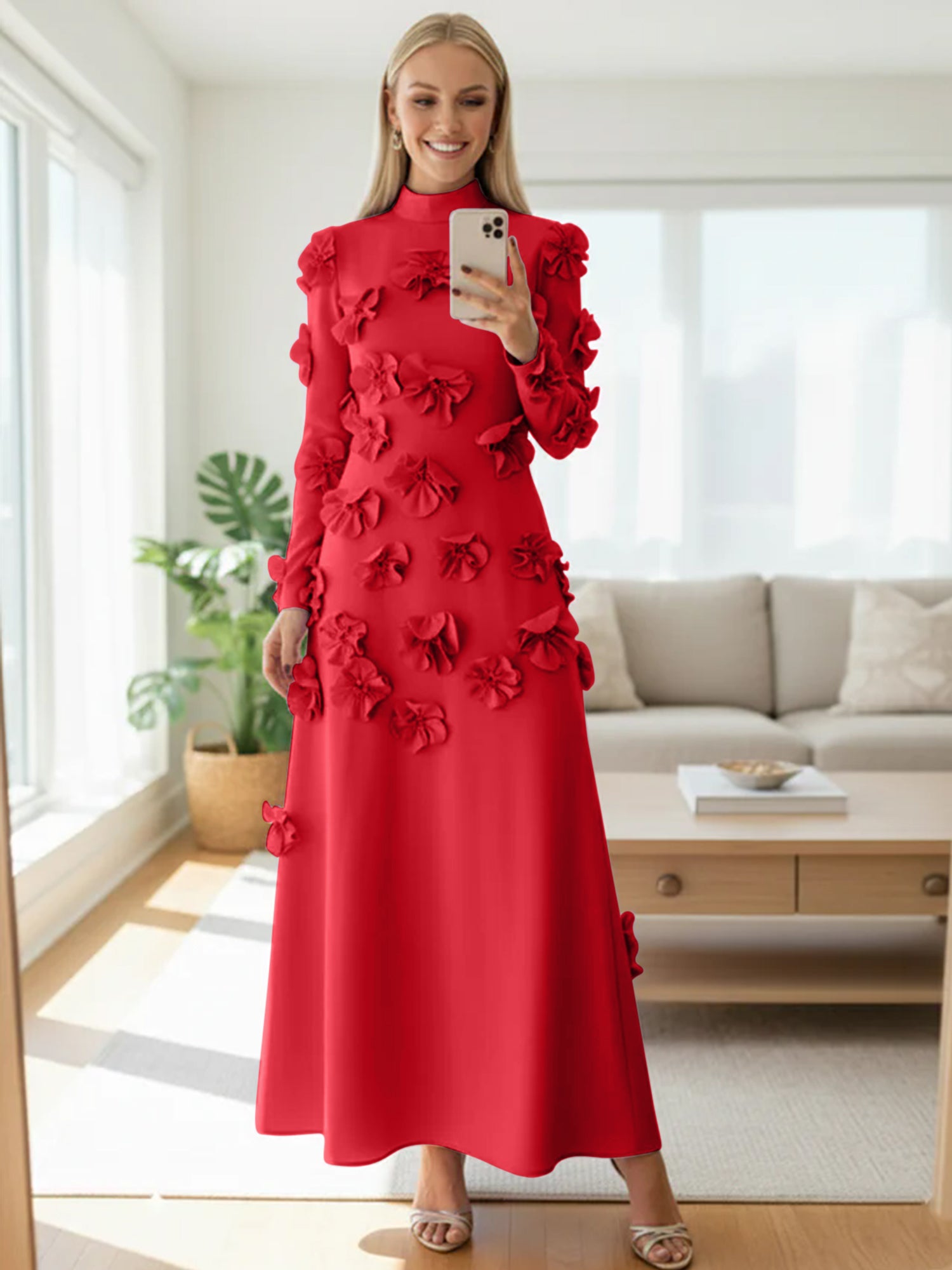 A Line High Neck Long Sleeves Floor Length Stretch Crepe Dress With 3D Flowers