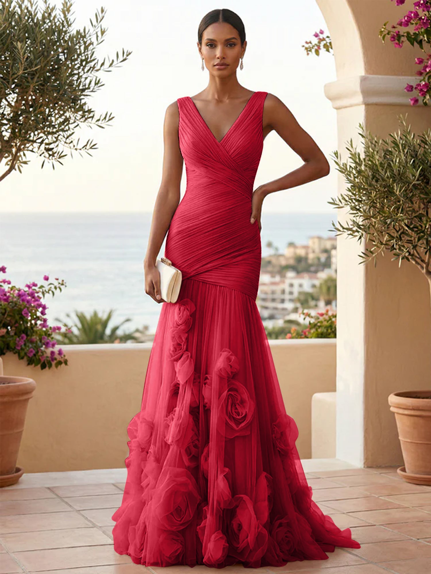 Sweetheart Tulle V Neck Pleat Mermaid Evening Dresses with 3D Flower