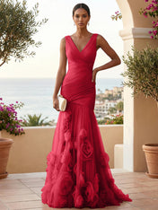 Sweetheart Tulle V Neck Pleat Mermaid Evening Dresses with 3D Flower