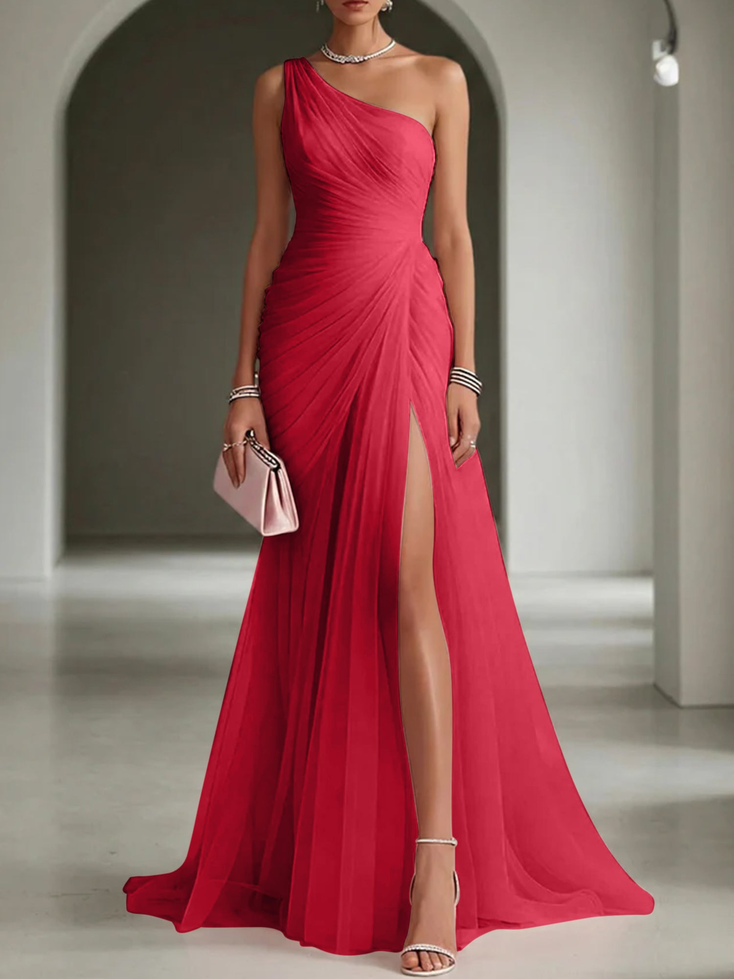 Pink Ruched Slit Tulle Strapless One Shoulder Sheath Gown Dress