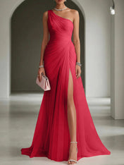 Pink Ruched Slit Tulle Strapless One Shoulder Sheath Gown Dress