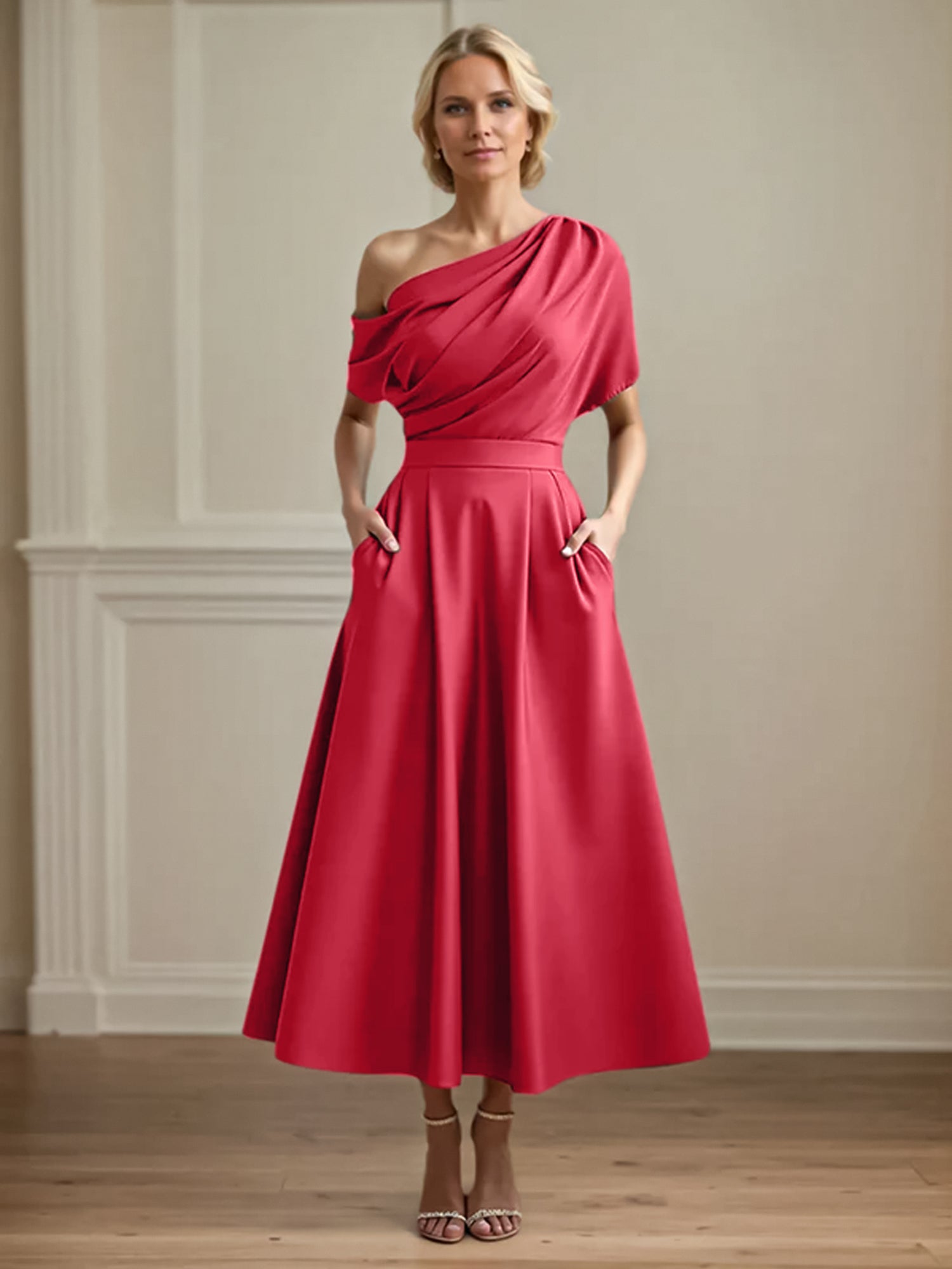 A Line Satin One Shoulder Pleated Ankle Length Mother of the Bride Dress