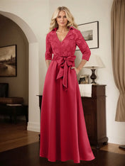 Classic V-Neck Bow Accented Satin Mother Of The Bride Dress With Lace