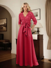 Classic V-Neck Bow Accented Satin Mother Of The Bride Dress With Lace