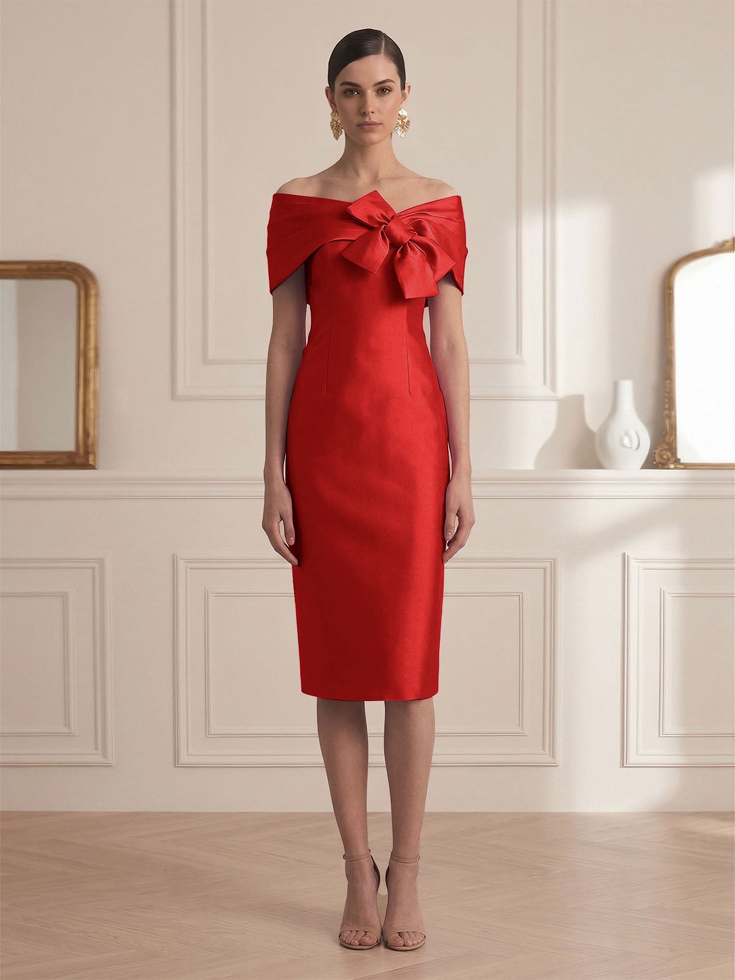 Chic Rose Red Off-the-Shoulder Bow Satin Sheath Midi Dress