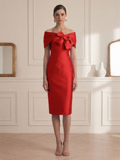 Chic Rose Red Off-the-Shoulder Bow Satin Sheath Midi Dress