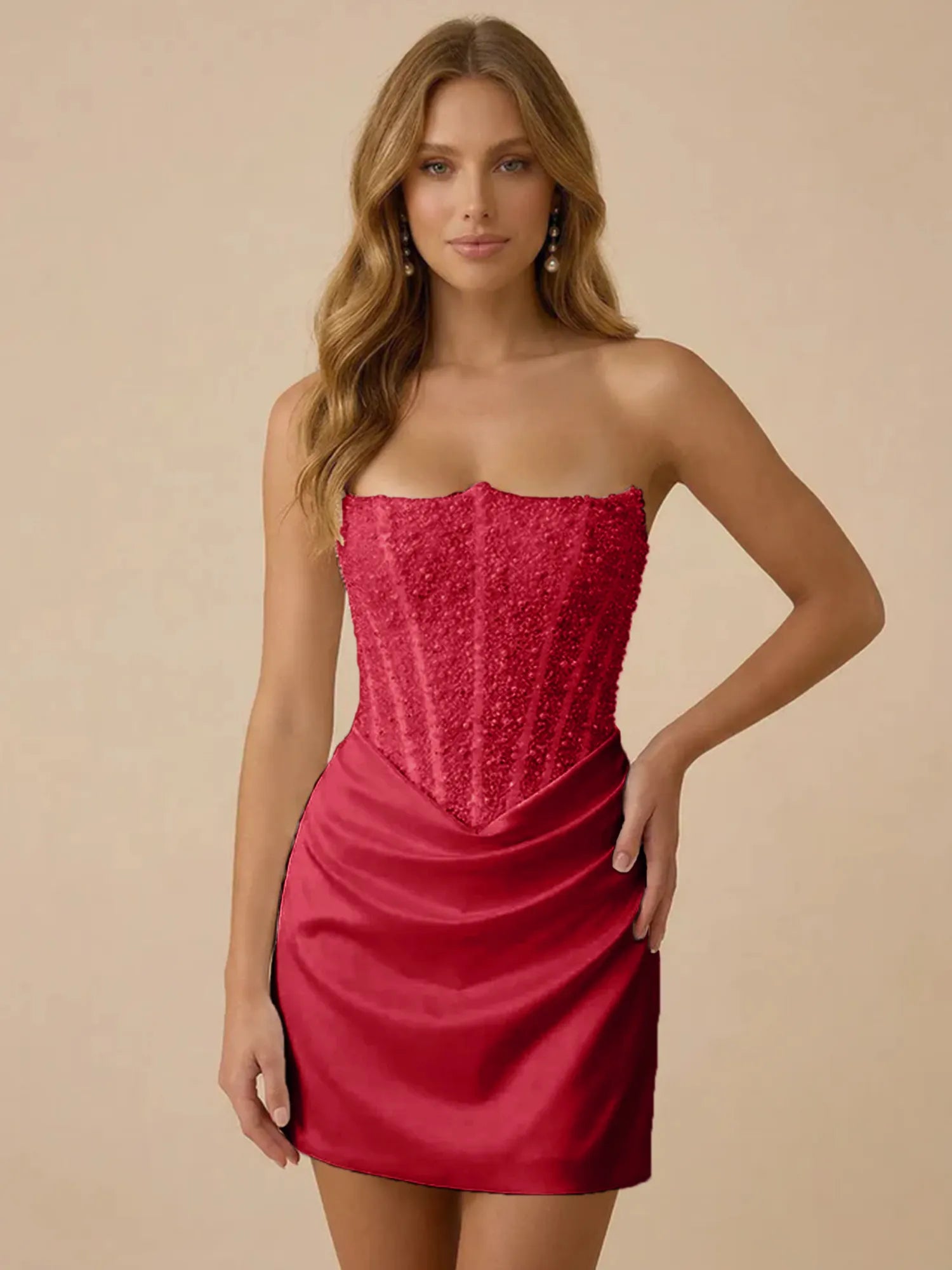 White Strapless Sequin Beaded Satin Short Homecoming Dress with Corset