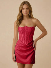White Strapless Sequin Beaded Satin Short Homecoming Dress with Corset