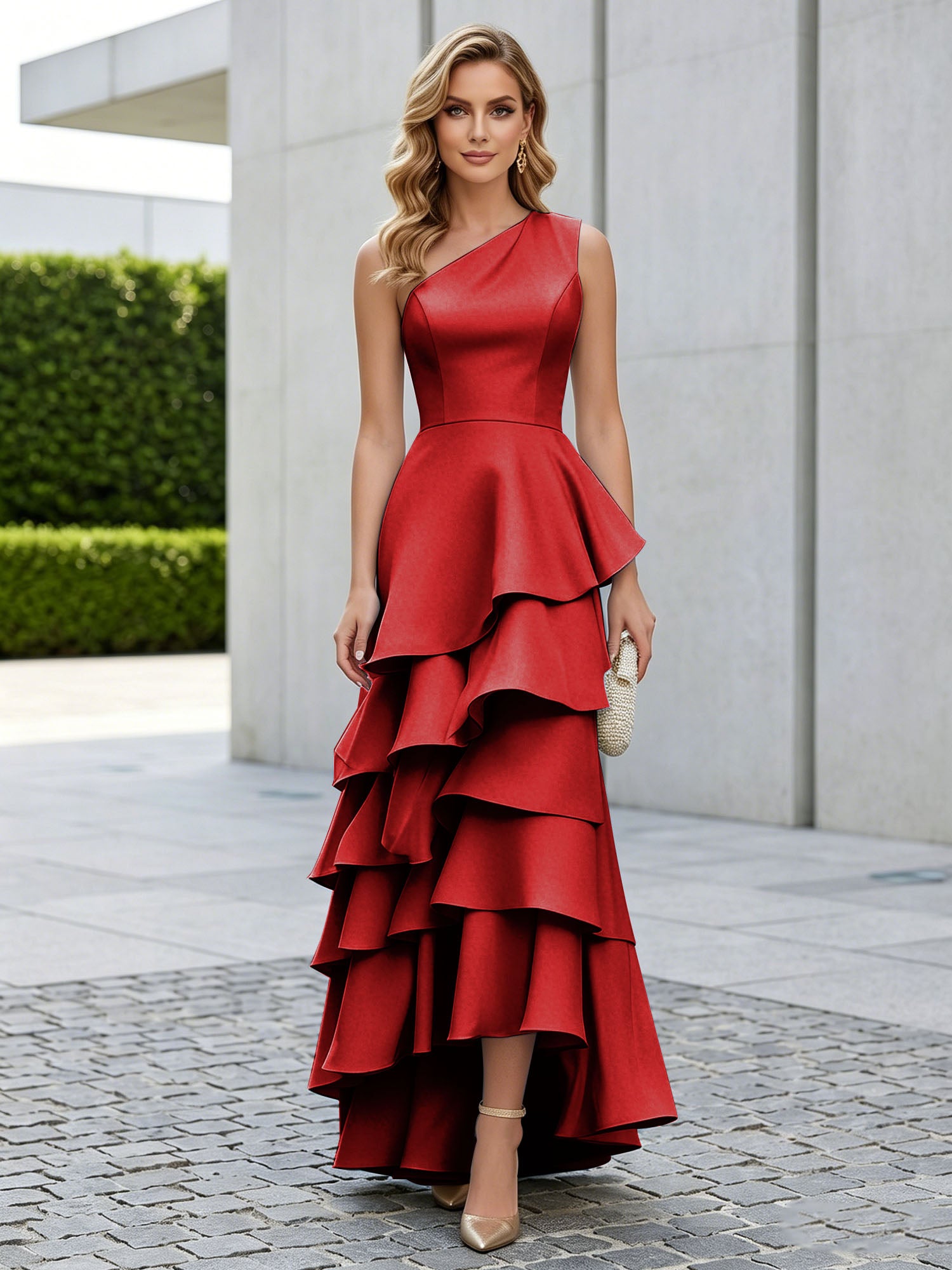 One Shoulder Tiered Ruffle Satin Mermaid Evening Gown with Sculptural Layers