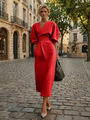 Sophisticated Camel V-Neck Balloon Sleeve Midi Dress Evening Gown