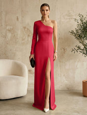 Long Sleeves Black One Shoulder Formal Dress Evening Gown