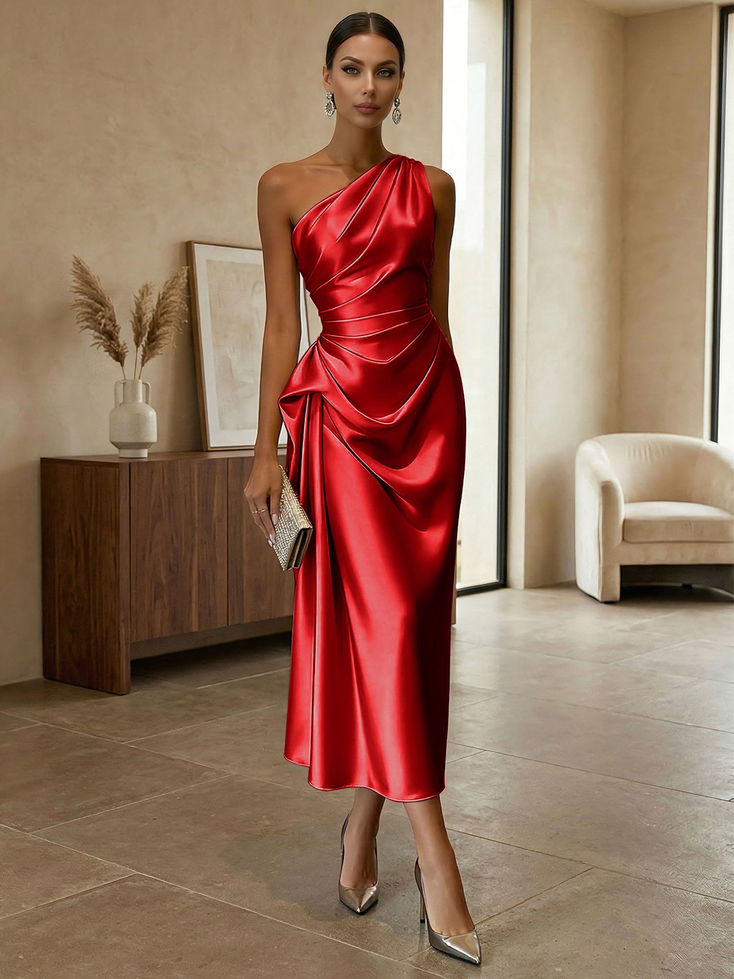 Champagne Ruched Satin One Shoulder Sleeveless Sheath Midi Dress