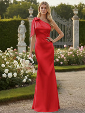 Light Blue One Shoulder Satin Sheath Long Bridesmaid Dresses