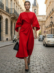 Loose Batwing Sleeve Dress Tight Waist Solid Color Elegant Dresses