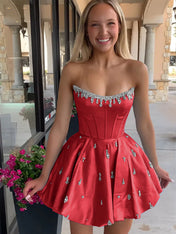 Sparkly Satin A Line Short Corset Homecoming Dress with Rhinestones