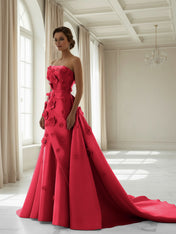 Pink A Line Satin Strapless Prom Dress with 3D Floral Appliques