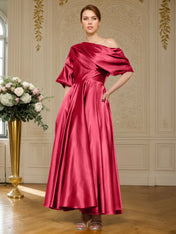 A-line Short Sleeves Pleated Ankle-Length Silk like Satin Mother of the Bride Dress