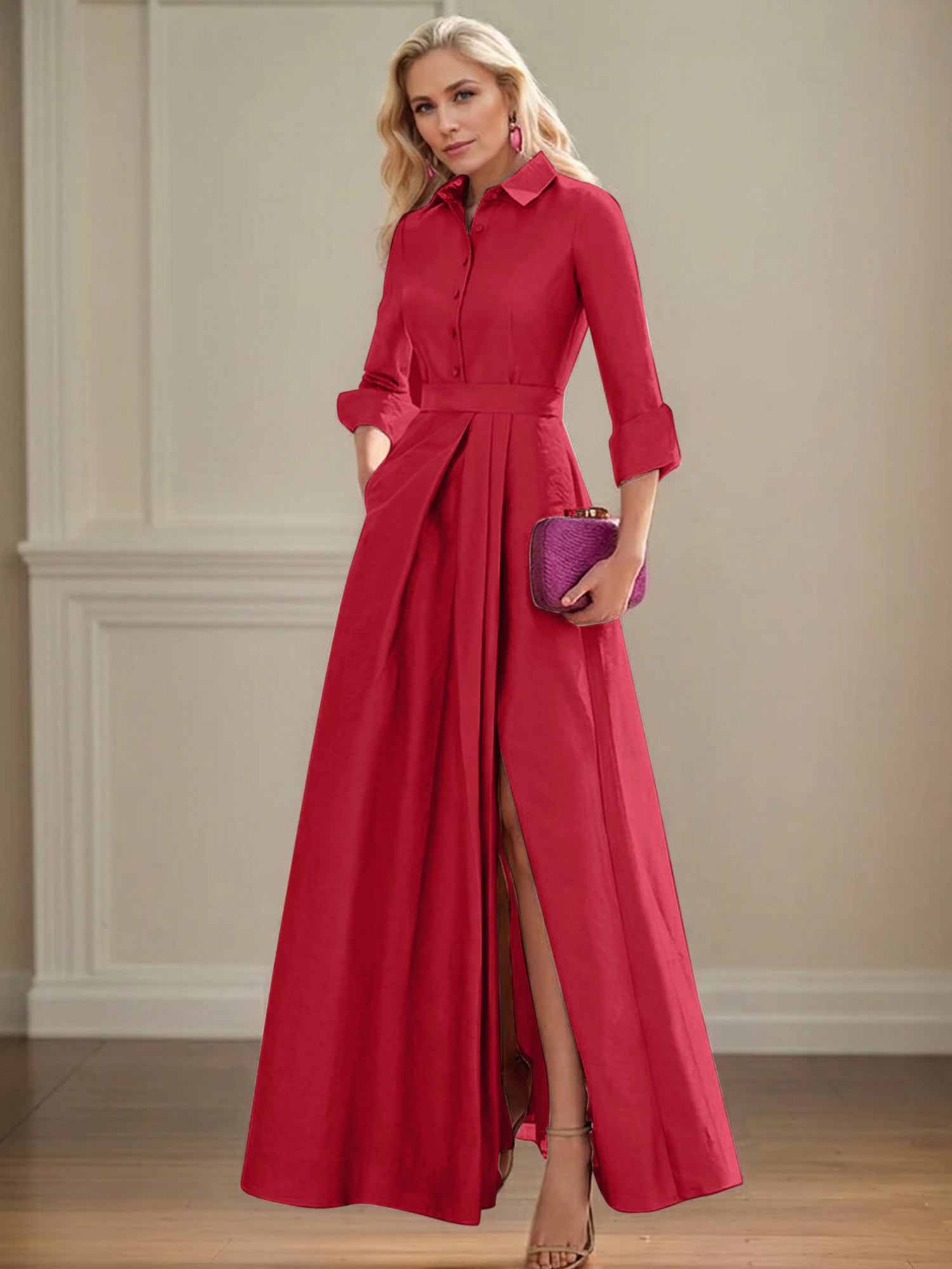 A Line High Neck 3/4 Sleeves Floor Length Mother of the Bride Dresses