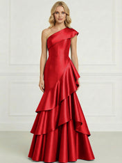 Formal Evening Dress Dark Blue One-Shoulder Satin Tiered Maxi Gown