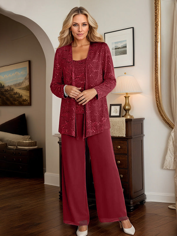 Chiffon Mother of the Bride Pantsuits with Jacket & Sequins