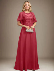 A-line Scoop Illusion Floor-Length Lace Chiffon Mother of the Bride Dress With Sequins